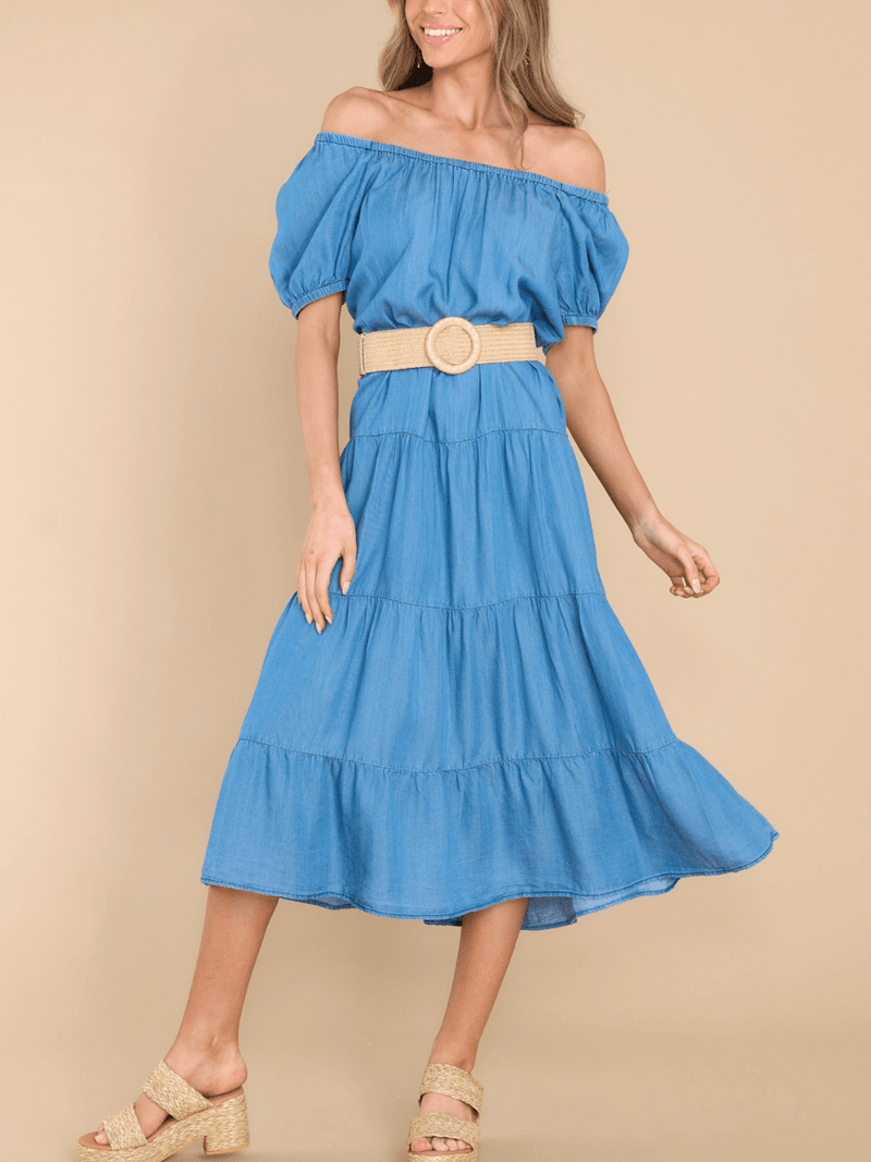 Madelina Tiered Cotton Blend Denim Midi Dress