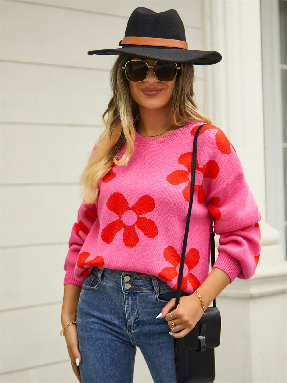 Fall Mega Daisy Pullover Sweater - Pink