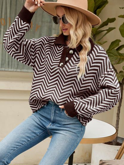 Benji Zig Zag Striped Batwing Sleeve Sweater - Brown