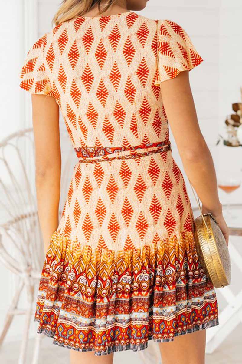 Spring and Summer Retro V-neck Print Short Sleeves Mini Dress