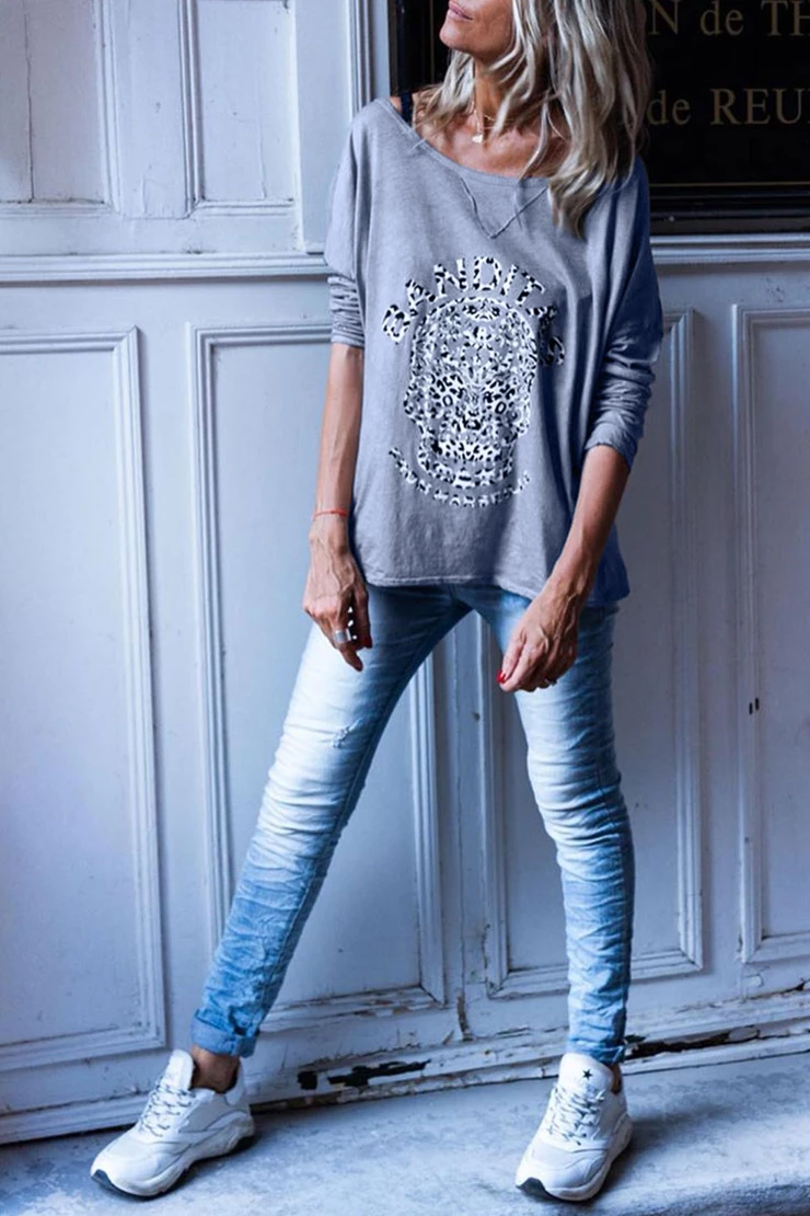 Skull Head Printed Loose Long Sleeve T-shirt