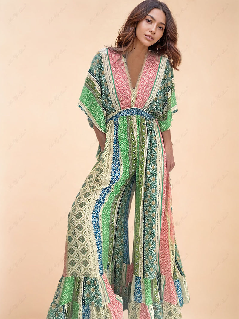 Retro Flare Sleeve Pocketed Loose Wide Leg Jumpsuit