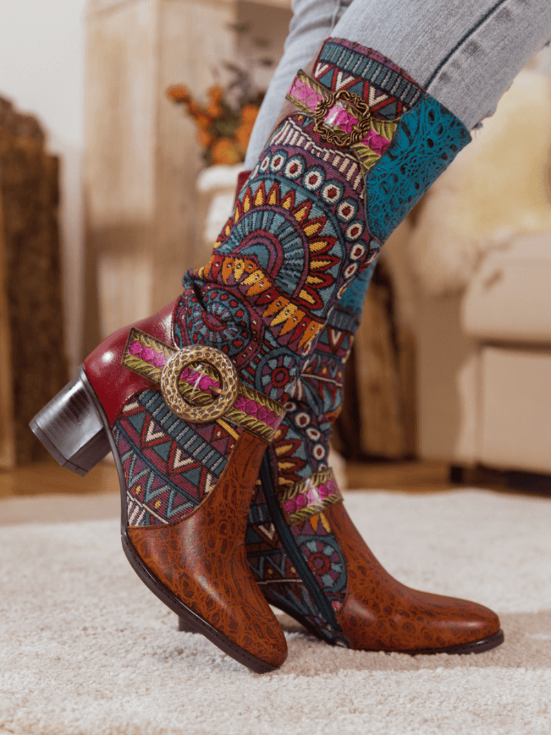 Soffia | Brown Patchwork Leather Knee Boot