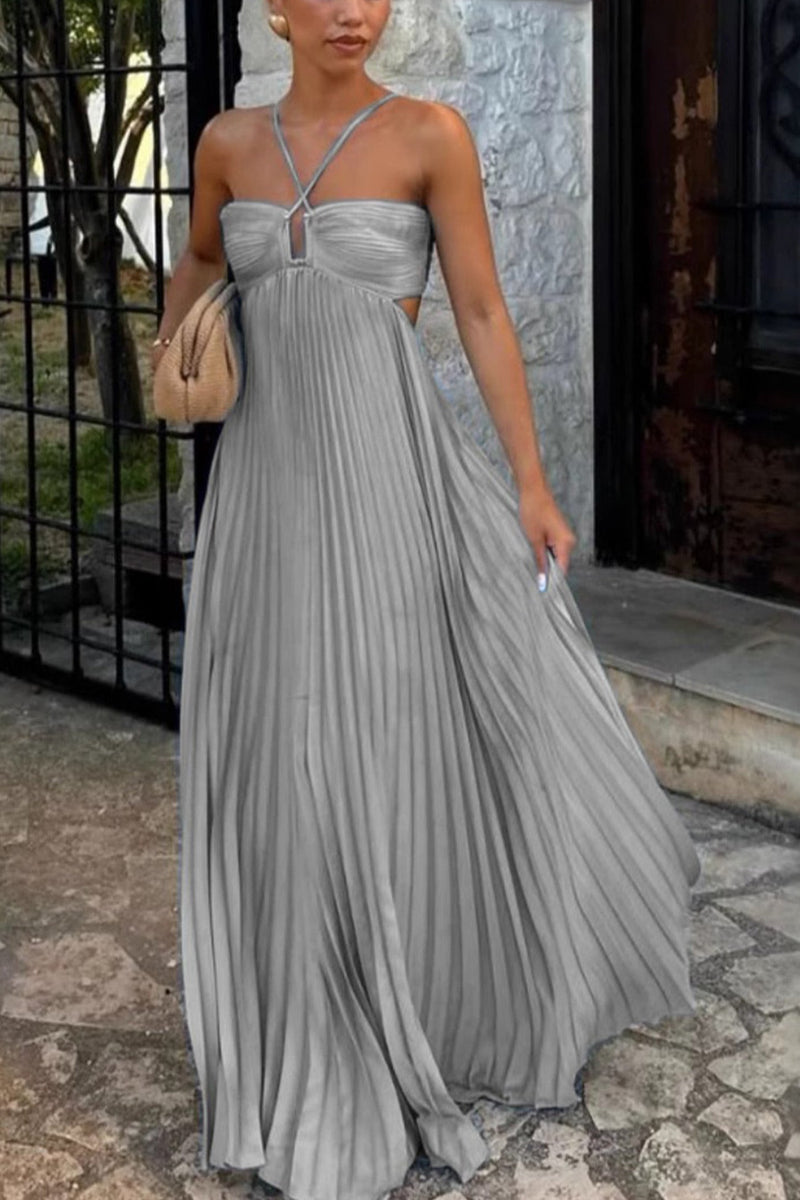 Halterneck Cutout Pleated Maxi Dress