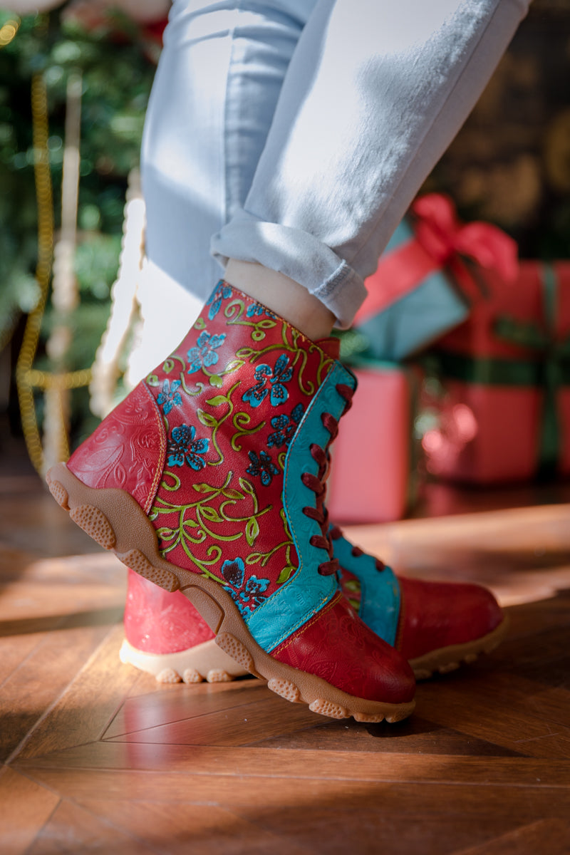Soffia | Swirl Embossed Lace Up Leather Combat Boot