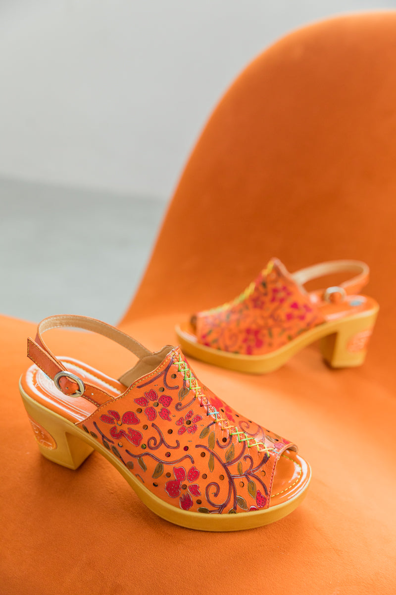 Soffia | Orange Embossed Perforated Leather Sandal