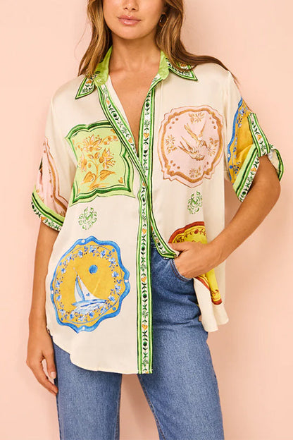 Resort Print Rolled Up Sleeves Blouse Shirt and Pocketed Shorts Set