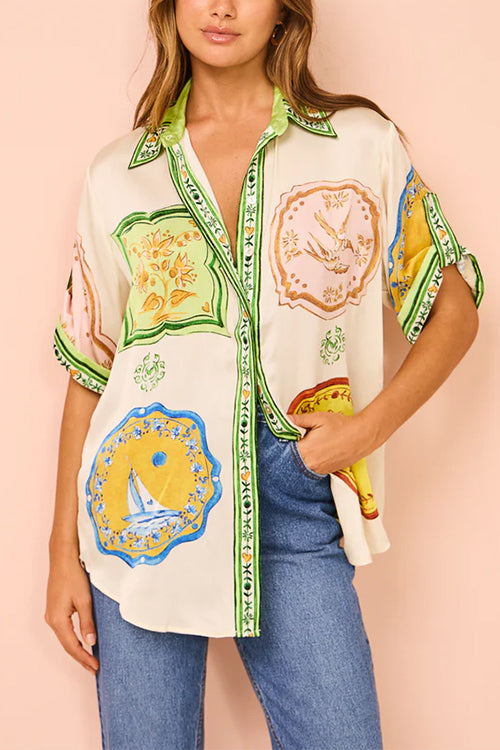 Resort Print Rolled Up Sleeves Blouse Shirt and Pocketed Shorts Set
