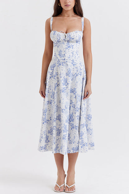 Adjustable Strap High Waist Slit Swing Midi Dress