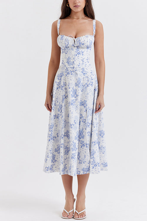 Adjustable Strap High Waist Slit Swing Midi Dress