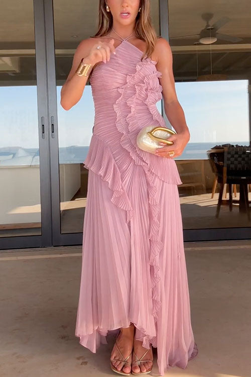 Moxidress Strappy Halter Neck Ruffle Trim Asymmetric Hem Pleated Maxi Dress