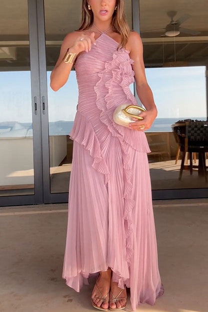 Strappy Halter Neck Ruffle Trim Asymmetric Hem Pleated Maxi Dress