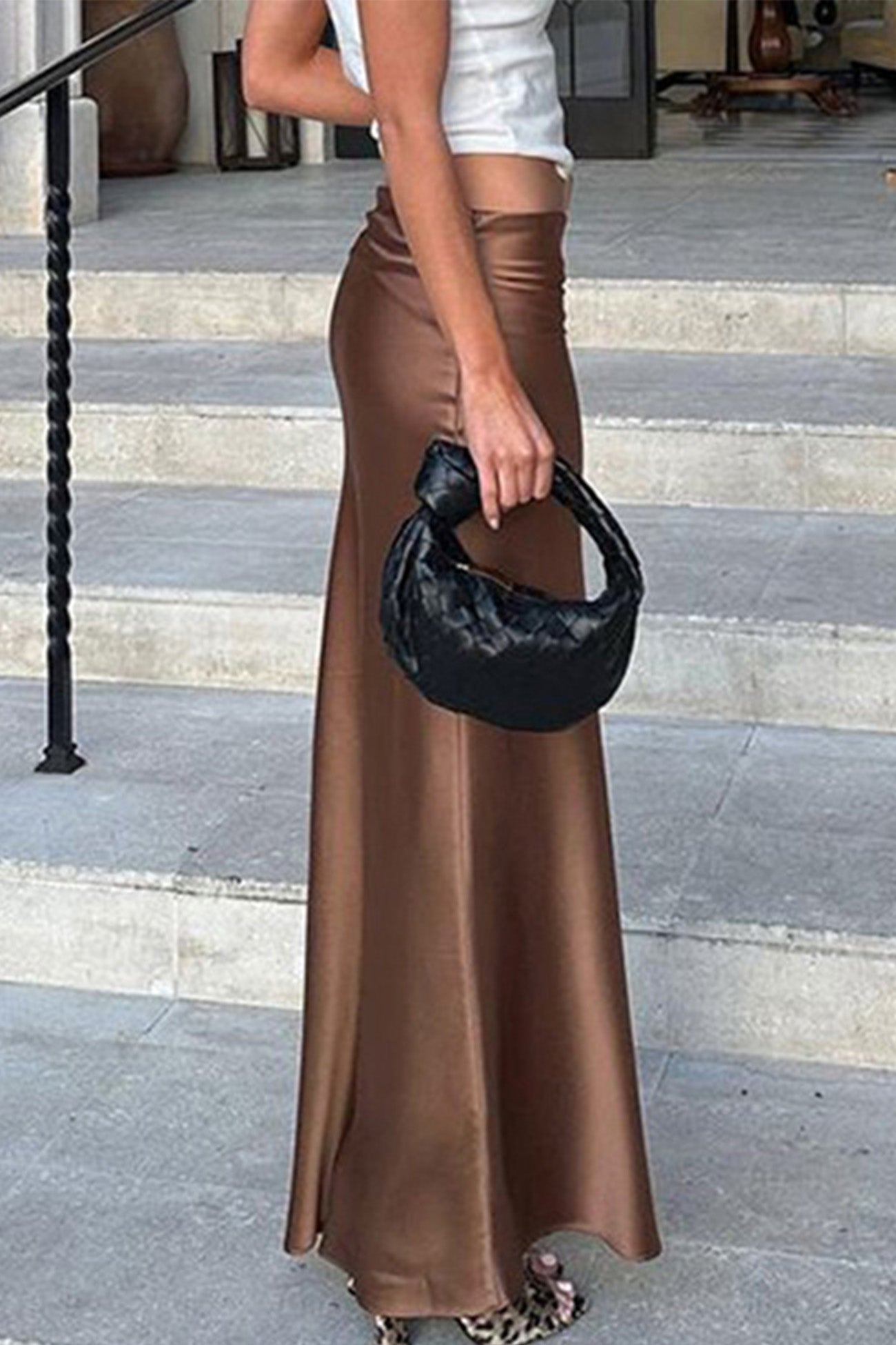 Brown Satin Low-rise Slit Midi Skirt