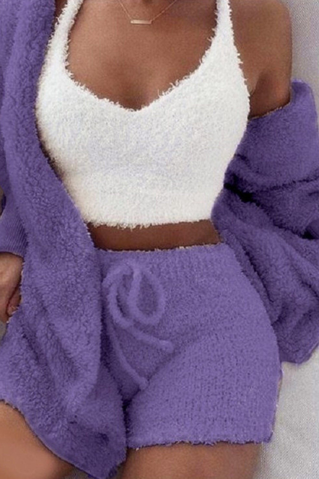 Plush Open-front Hoodie Vest Three Piece Shorts Set