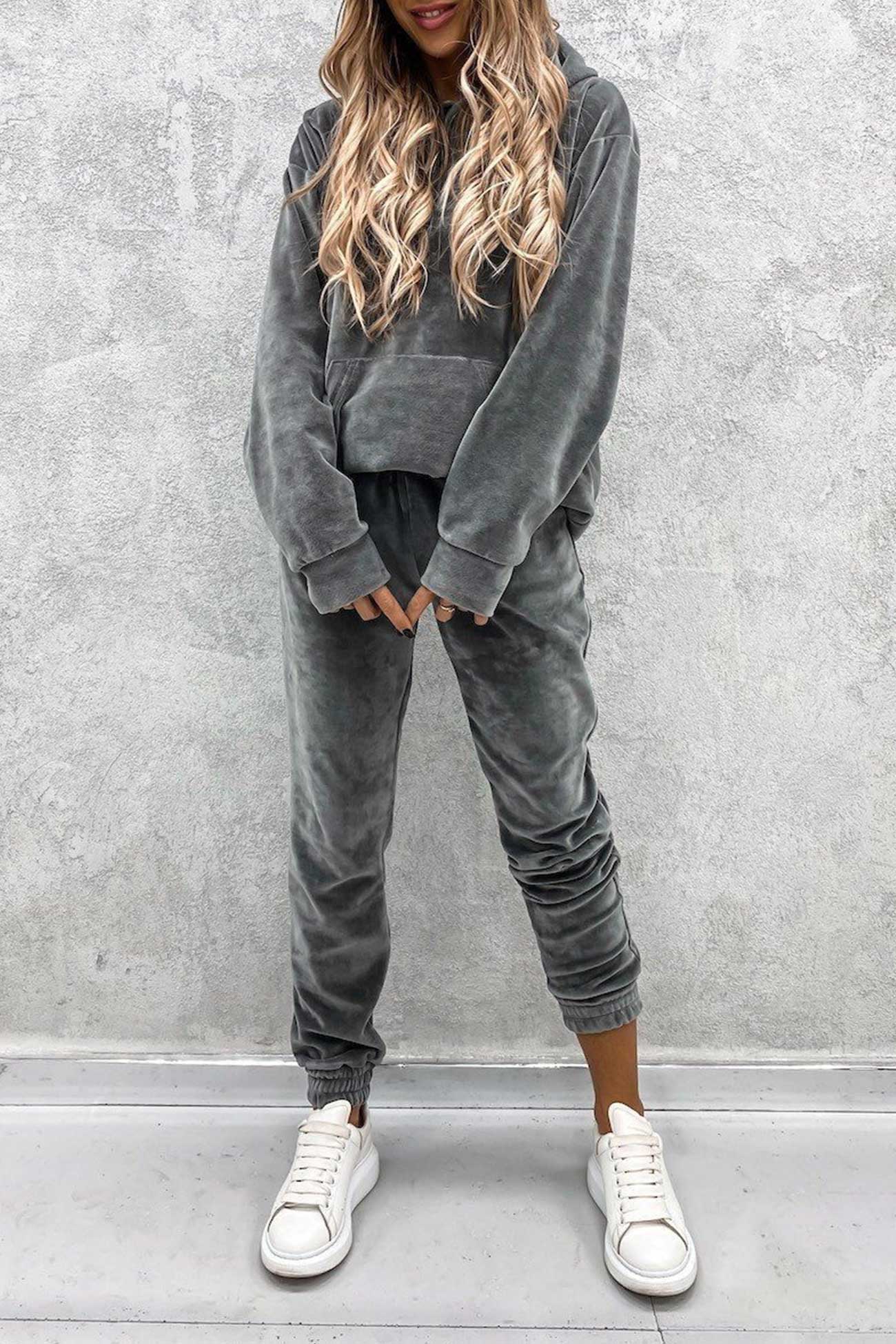 Velour Color Hoodie Long Pants Set