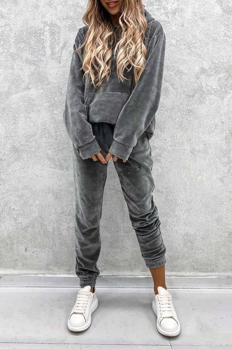 Velour Color Hoodie Long Pants Set