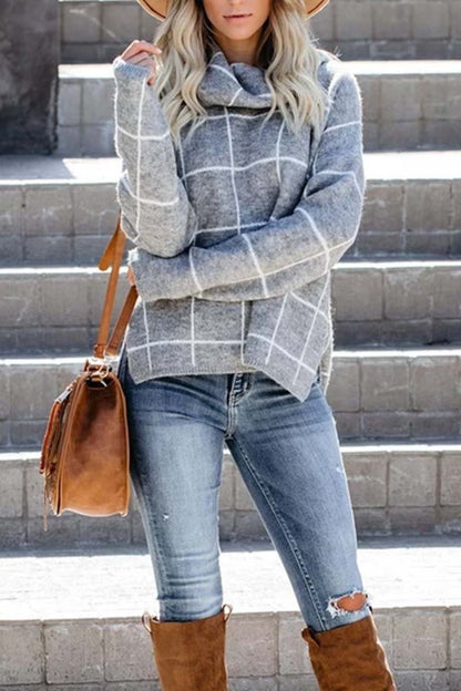 Turtleneck Plaid Sweater(5 Colors)