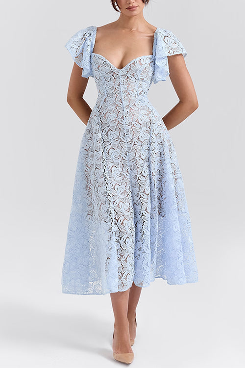 V Neck Flare Sleeves Lace Midi Dress