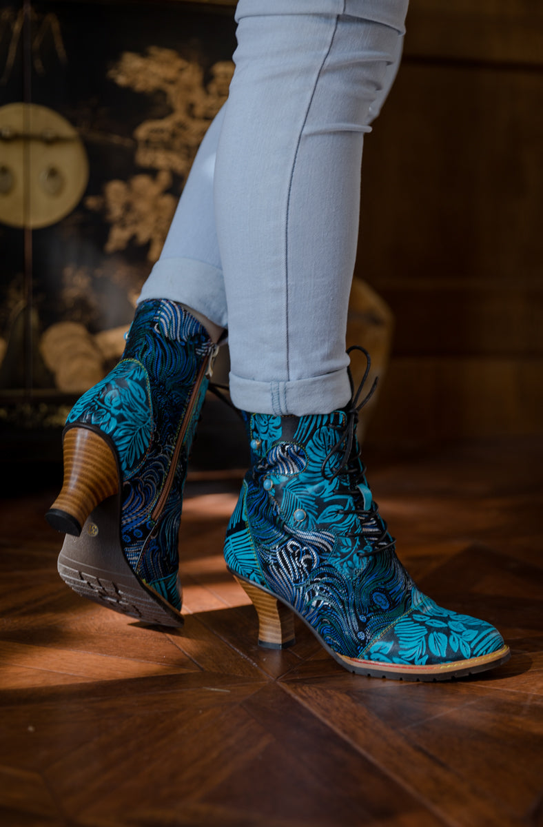 Soffia | Palm Leaf Peacock Feather Leather Ankle Boot