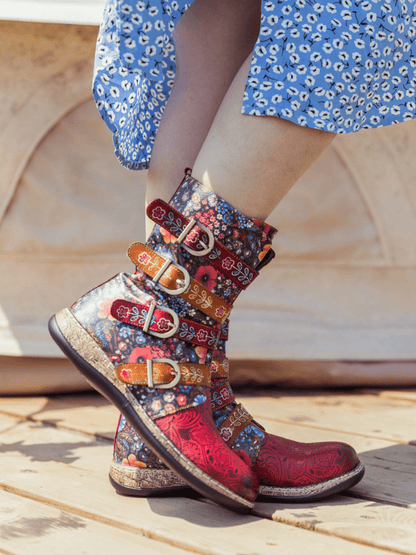 Soffia | Daisy Printed Straps Leather Ankle Boot