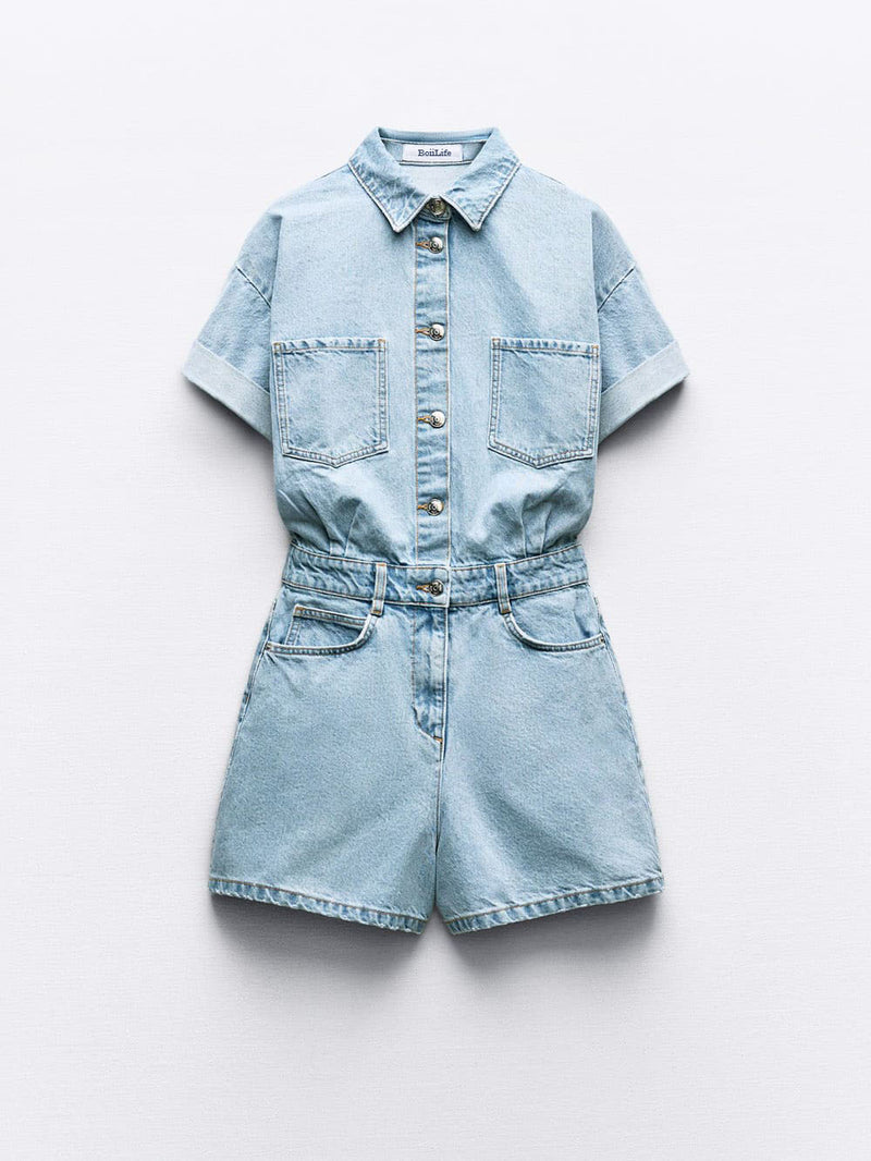 Mini Denim Cuffed-romper-blue