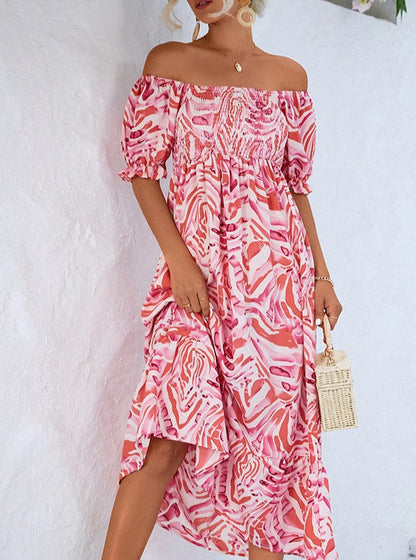 Smocked Print Off the Shoulder Midi Dress