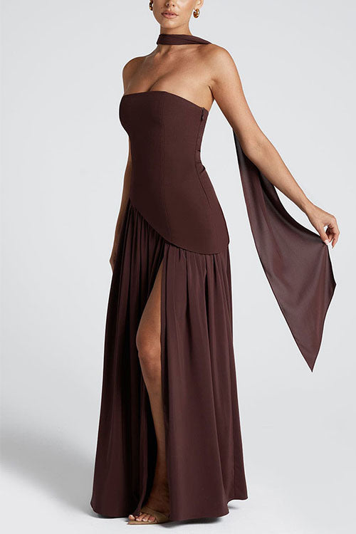 Moxidress Strapless Back Lace-up High Slit Splice Maxi Dress