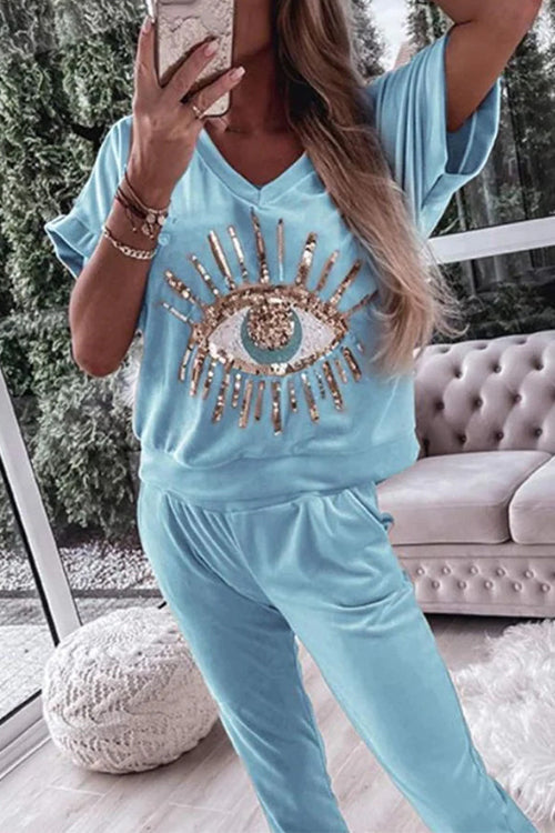 Sequin Pattern V Neck Short Sleeve Top With Pocketed Pants Set