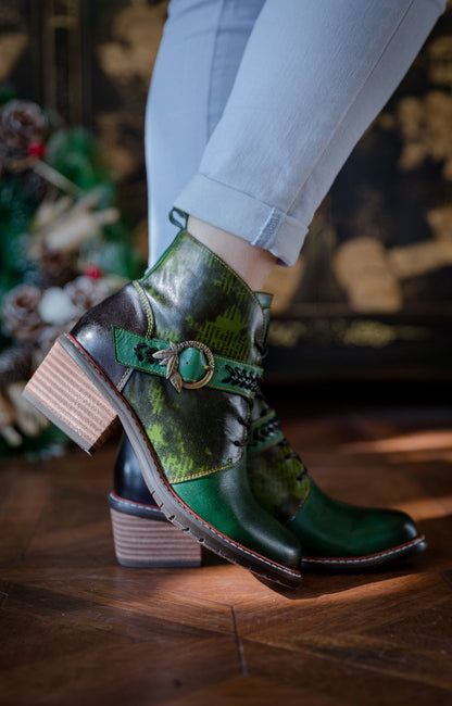 Soffia | Dark Green Leather Ankle Boot