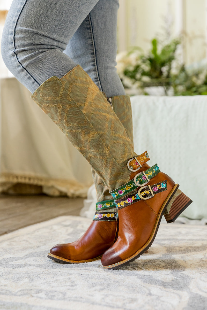 Soffia | Tri-strap Canvas Leather Knee High Boot