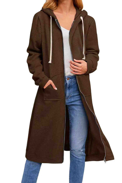 Zip Up Drawstring Hooded Long Cardigan