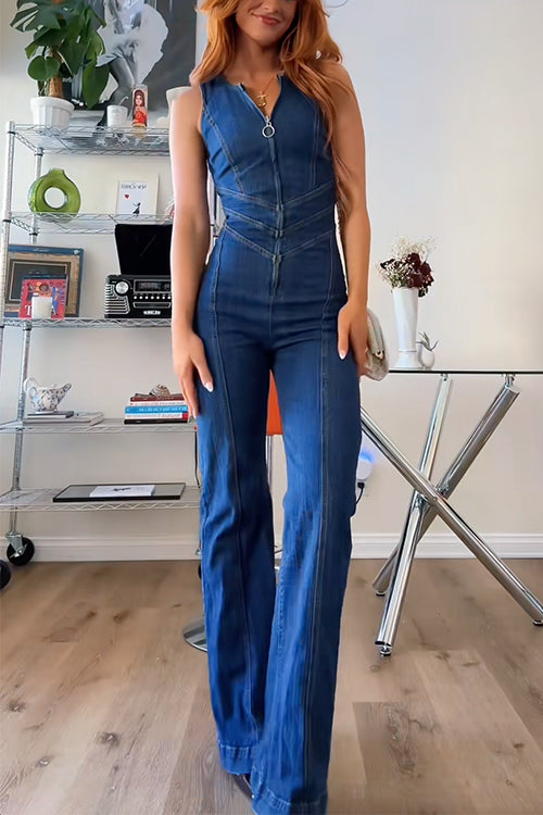 Zip Up Sleeveless Heart Back Bell Bottom Denim Jumpsuit