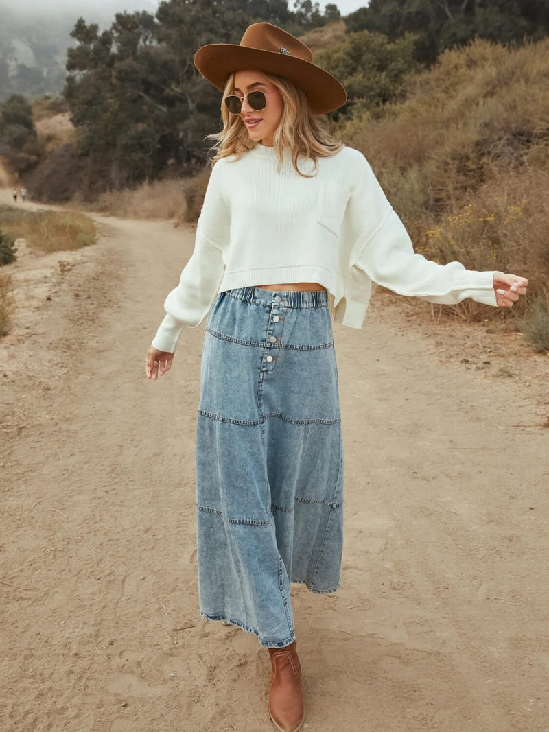 Stitch and Feather Denim Maxi Skirt