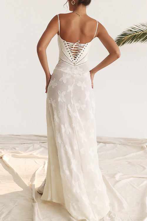 Spaghetti Strap Back Lace-up Applique Flower Lace Maxi Dress
