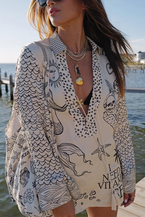 Moxidress Collared V Neck Shirt and Side Slit Shorts Vitamin Sea Print Set