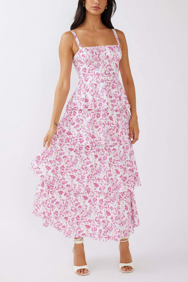 Print Tie-up Tiered Midi Dress
