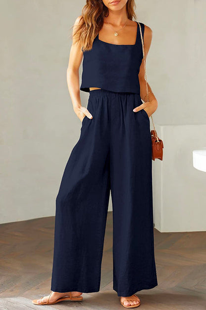 Square Collar Cami Crop Top Wide Leg Pants Cotton Linen Set