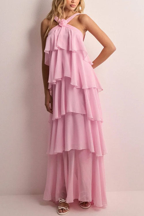 Moxidress Sleeveless Open Back Ruffle Layered Maxi Dress