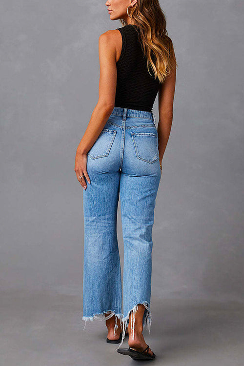 Raw Hem Ripped Flare Bottoms Denim Pants