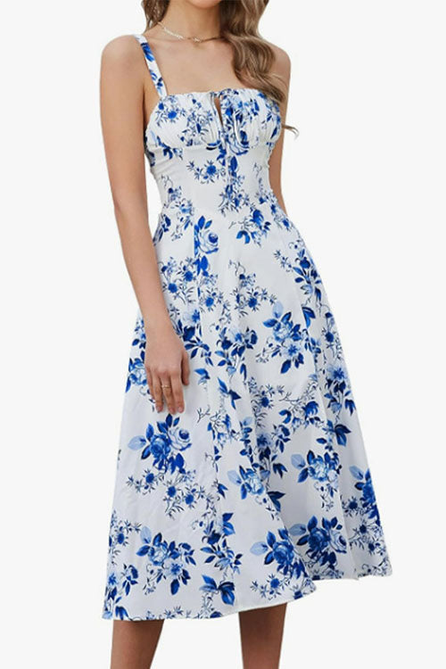 Adjustable Strap Back Lace-up Slit Midi Dress
