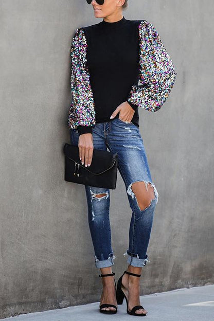 Moxidress Creneck Sequin Lantern Sleeve Knitting Blouses