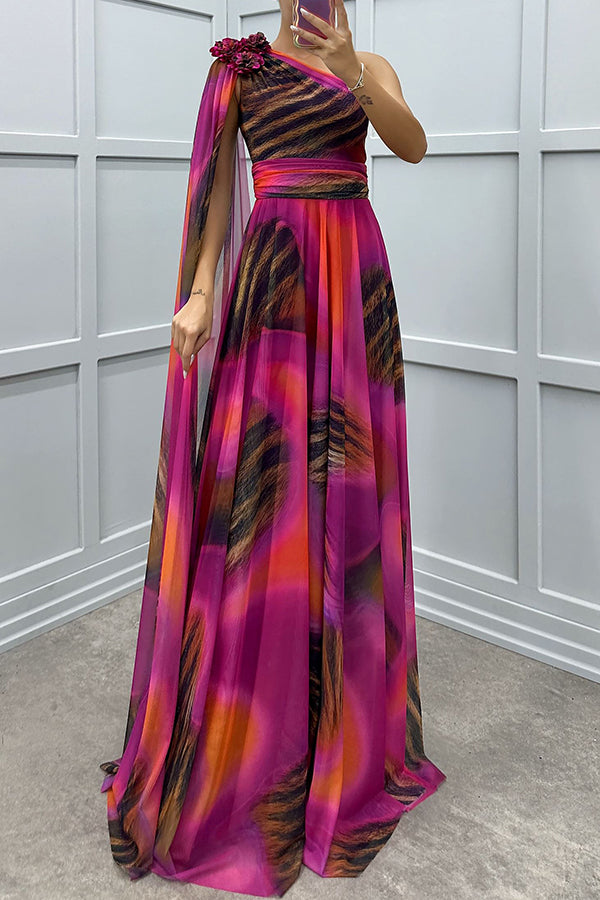 Lucia Unique Print Detail One Shoulder Draped Sleeve Gown Maxi Dress