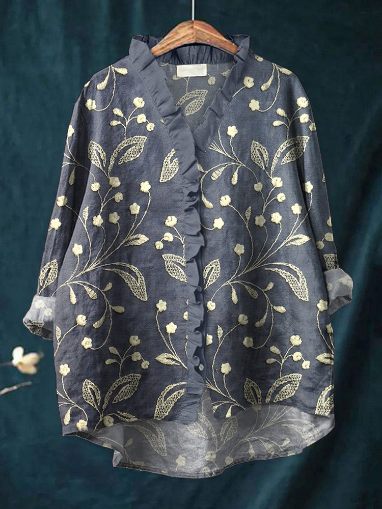 Elegant Lace Floral Embroidered Linen Blend Shirt elevenforest