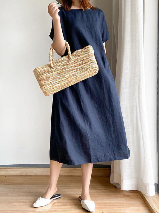 Loose Color Round-neck Midi Dresses