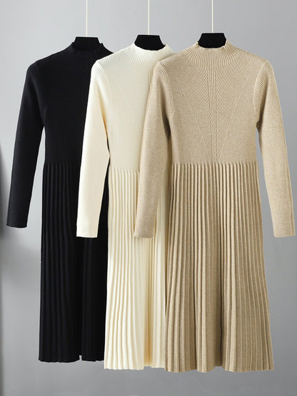Stylish Long Sleeves High Waisted Pleated Color Half Turtleneck Sweater Dresses