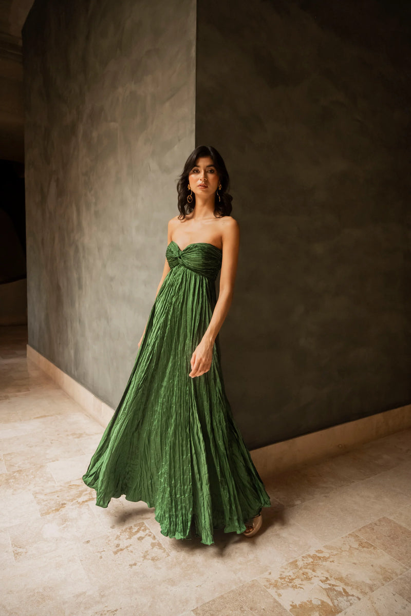 Strapless Pleated Maxi Dress – Emerald Green