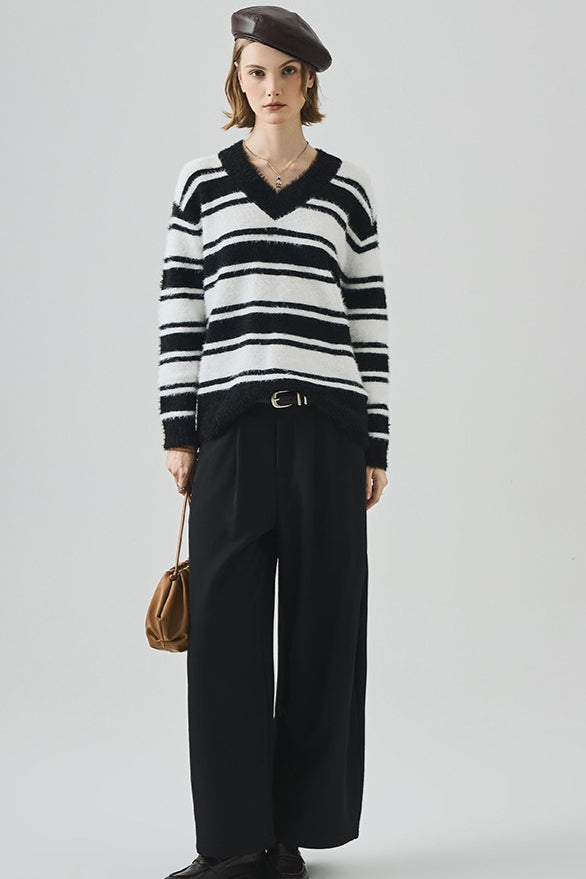 Oversized Striped V-neck Sweater