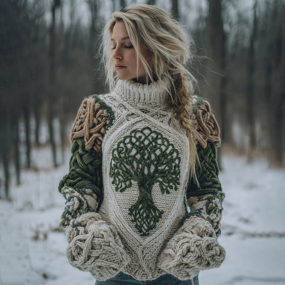Women's Vintage Tree Of Life Celtic Knot Pattern Cozy Knit Turtleneck Sweater artswardrobe