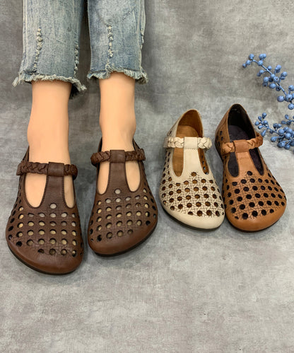 Comfy Coffee Flat Shoes Hollow Out Cowhide Leather
