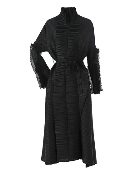Long Sleeves Loose Tied Pleated Stand Collar Midi Dresses